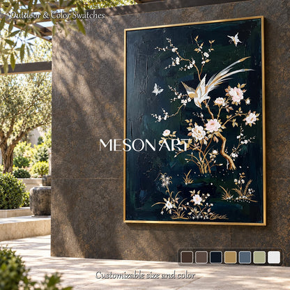 Black And White Japanese Style Floral Painting Rectangular Wall Art Original Artist Hand Painted By Mesonart