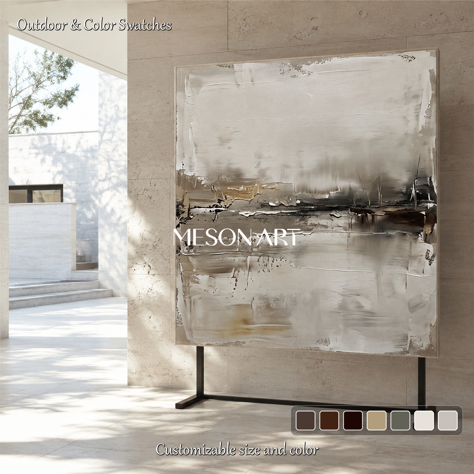Beige And Gray Abstract Landscape Painting Square Wall Art Original Artist Hand Painted By Mesonart