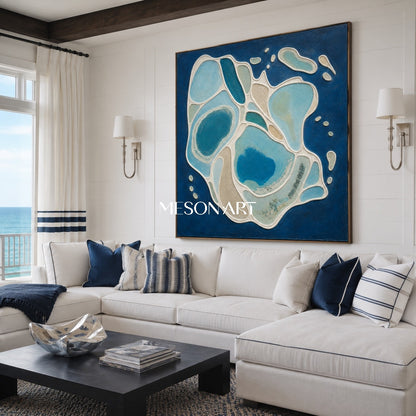 Azure Lagoon Abstract Art With Textured Plaster Relief For Coastal Home Decor