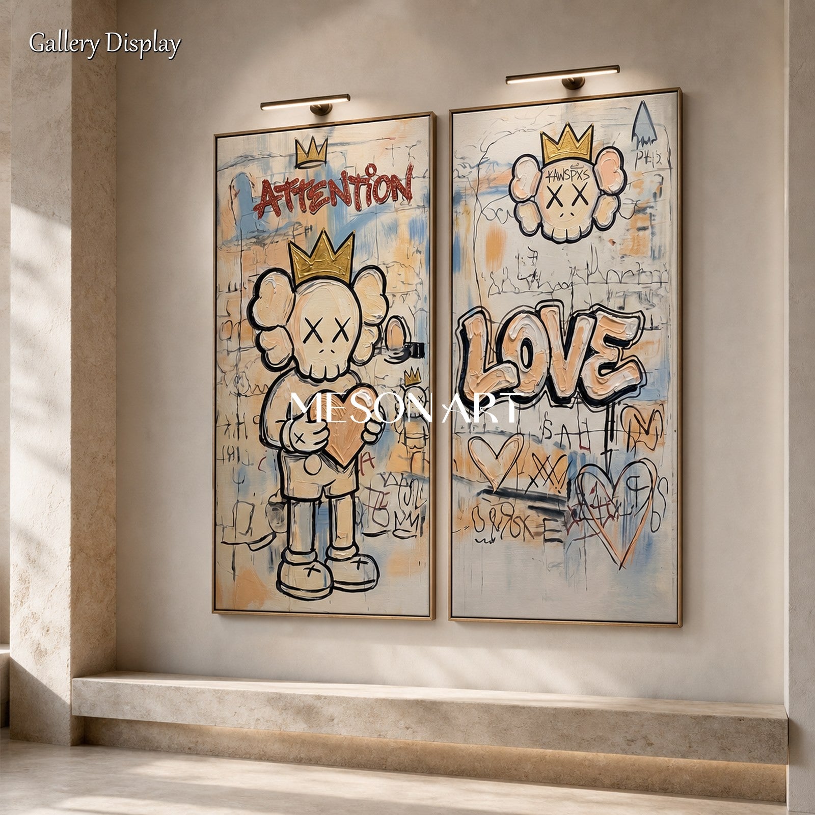 Large Beige Kaws Original Artwork Set With Gold Crown And Heart Motifs For Modern Living Room Decor