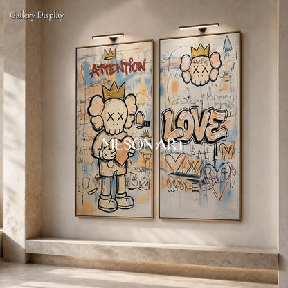 Large Beige Kaws Original Artwork Set With Gold Crown And Heart Motifs For Modern Living Room Decor