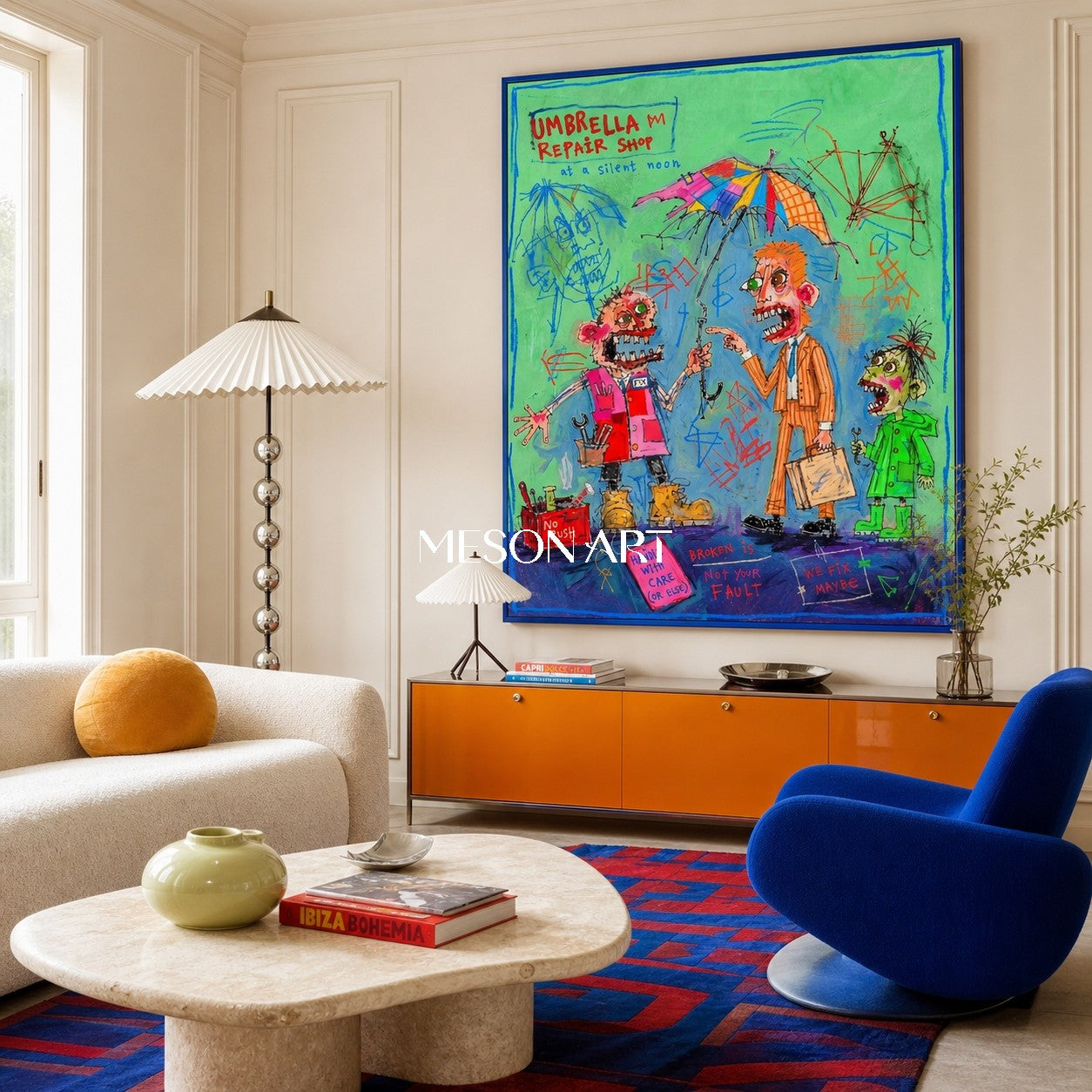 Green And Blue Graffiti Narrative Figurative Cartoon Art Rectangular Wall Decor For Living Room By Mesonart