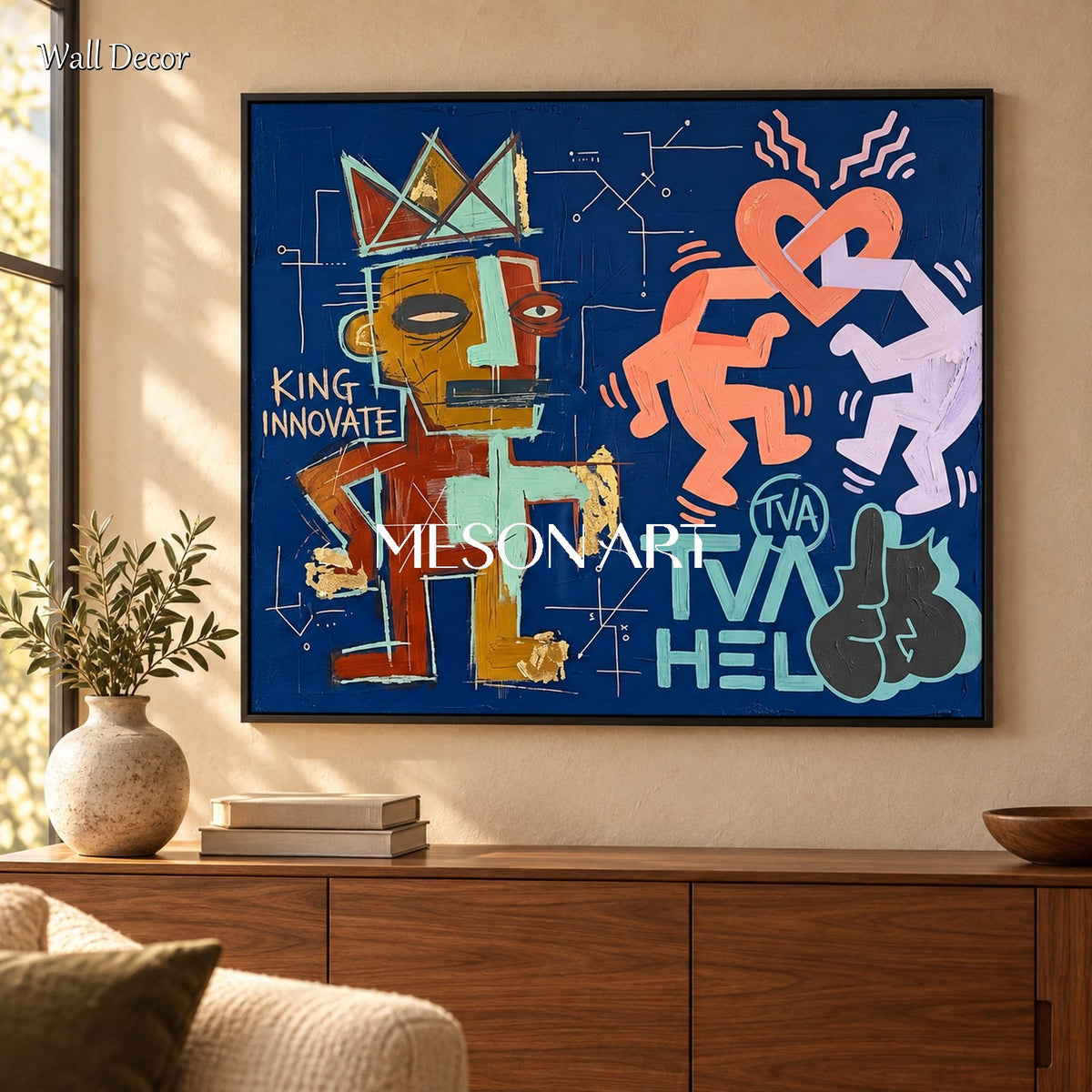 Blue And Gold Graffiti Art Keith Haring Style Rectangular Wall Decor For Living Room By Mesonart