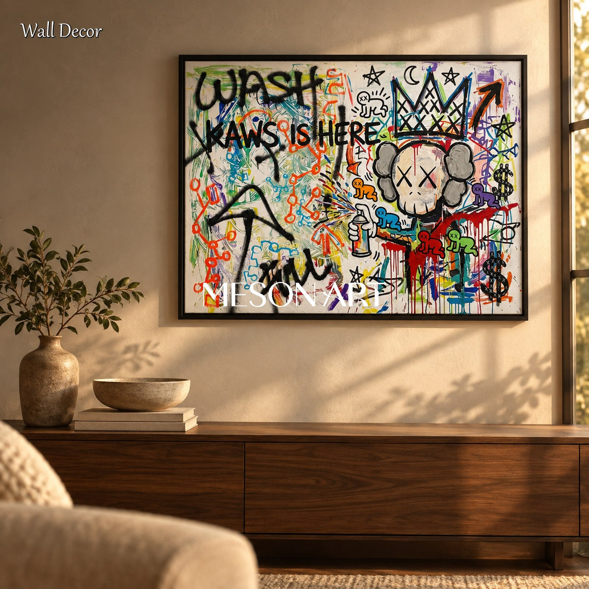 Black And White Abstract Graffiti Kaws Painting Rectangular Wall Art For Living Room By Mesonart