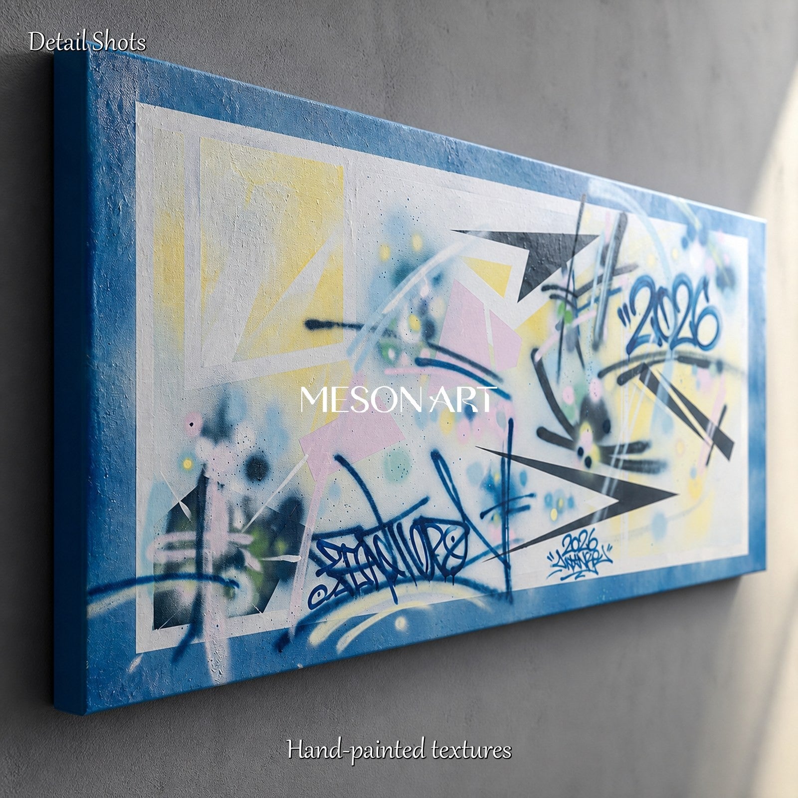 Blue And Yellow Graffiti Art Panoramic Wall Decor Original Artist Hand Painted By Mesonart