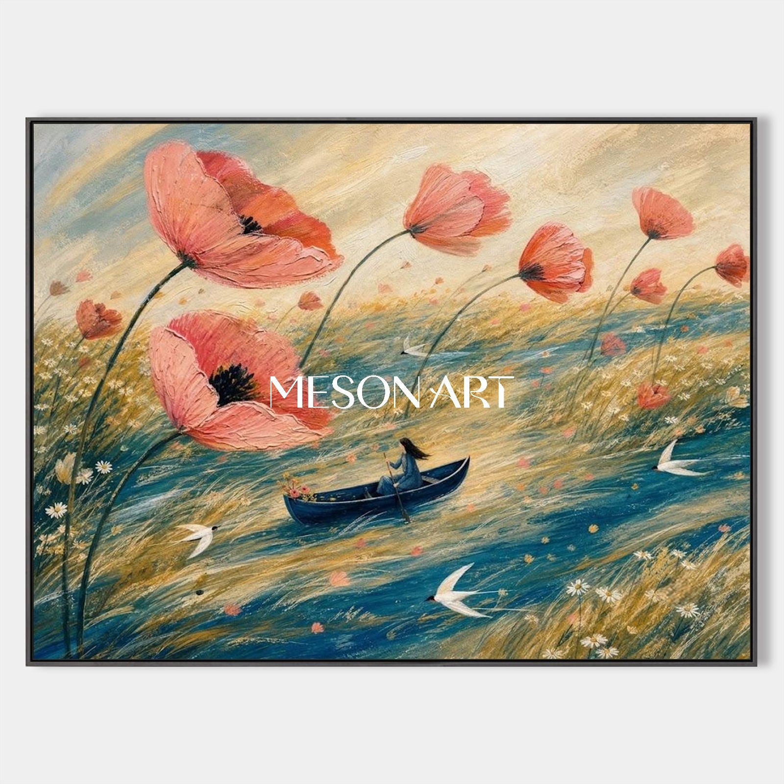 Pink And Blue Poppy Floral Surreal Boat Birds Rectangular Wall Art Original Artist Hand Painted By Mesonart