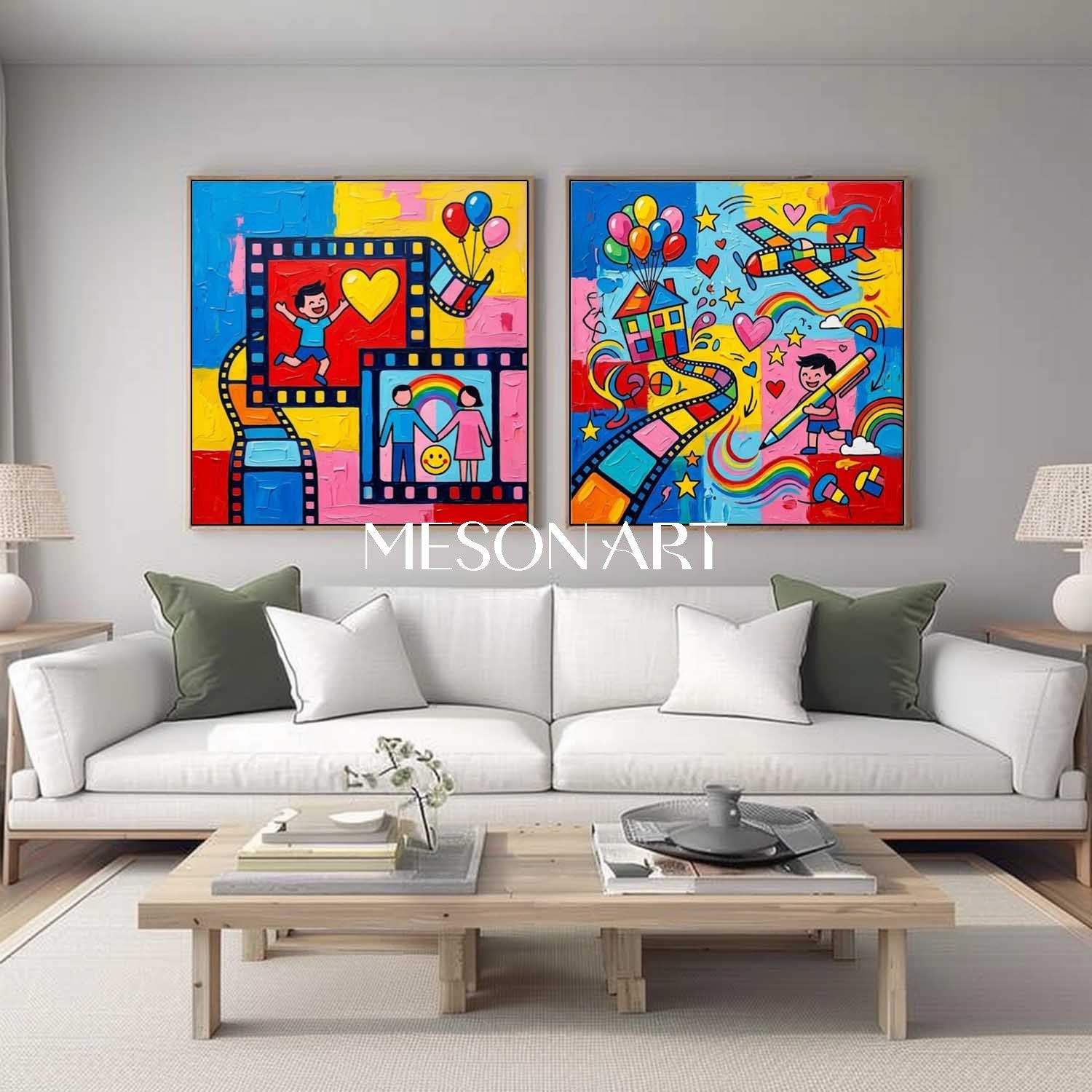 Colorful Pop Art Set Of Two For Kids Room Wall Decor With Film Strip Motif