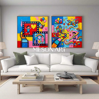 Colorful Pop Art Set Of Two For Kids Room Wall Decor With Film Strip Motif