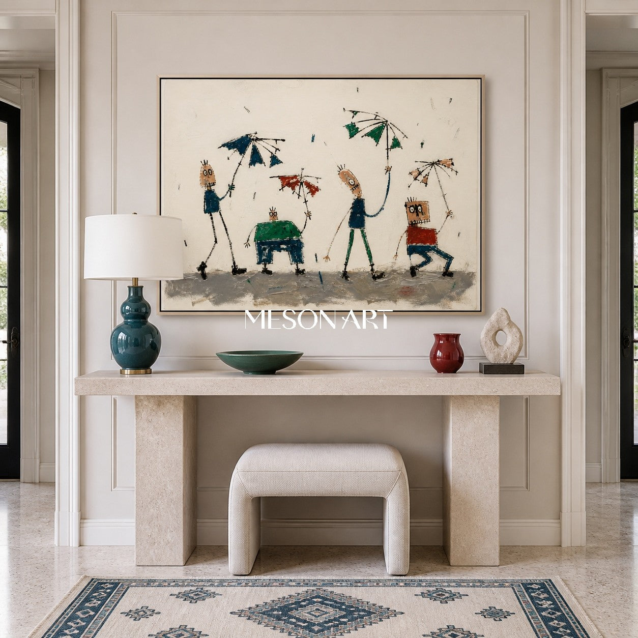 Beige Green Graffiti Figurative Cartoon Art Rectangular Wall Decor For Living Room By Mesonart