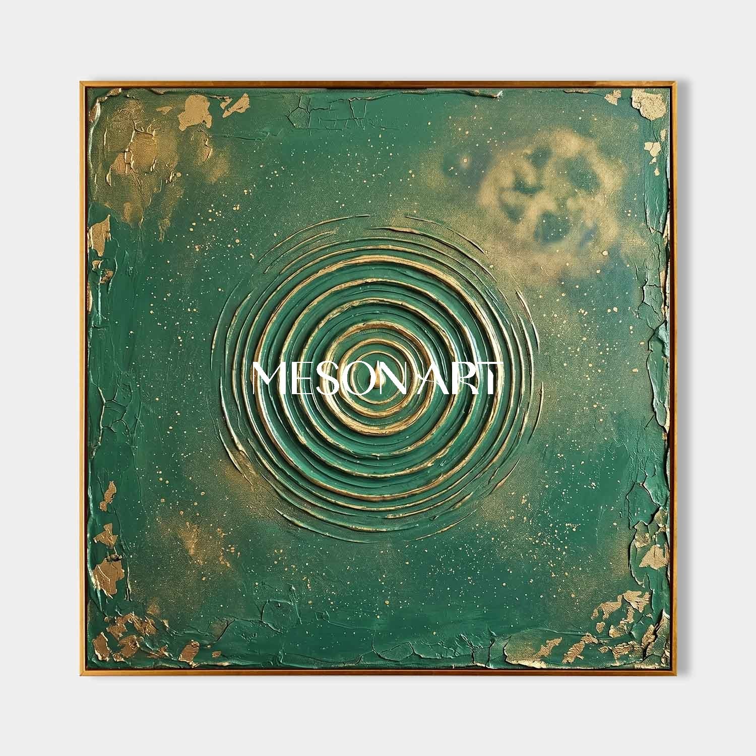 Emerald Green And Gold Abstract Art With Textured Relief For Art Deco Living Room Decor