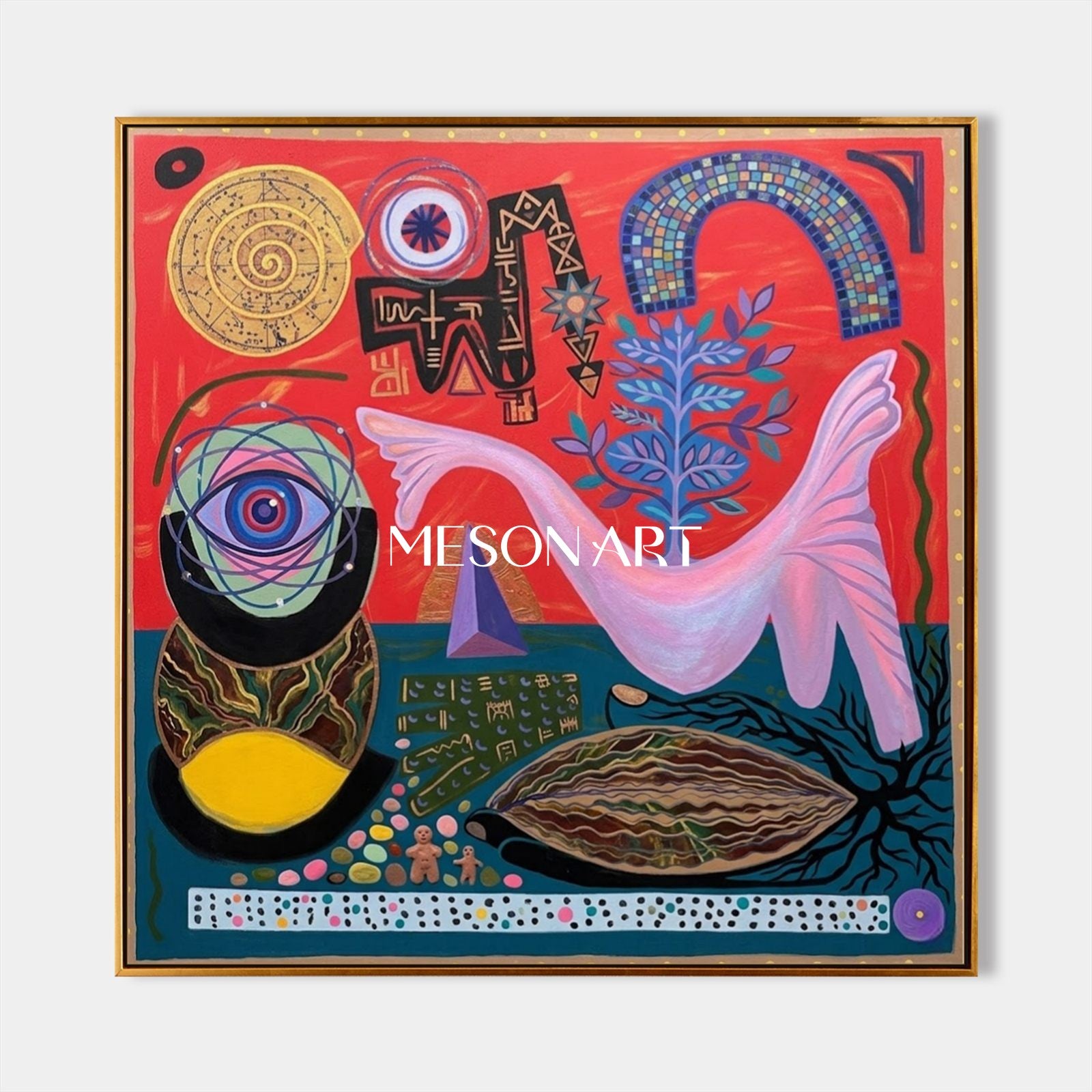 Abstract Surrealist Painting With Bold Red Blue Hues For Eclectic Living Room Decor