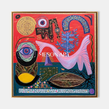 Abstract Surrealist Painting With Bold Red Blue Hues For Eclectic Living Room Decor