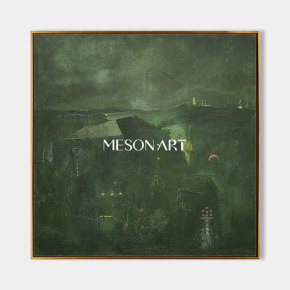 Emerald Silence Original Green Abstract Landscape Painting With Gold Frame For Modern Living Room And Home Office Decor