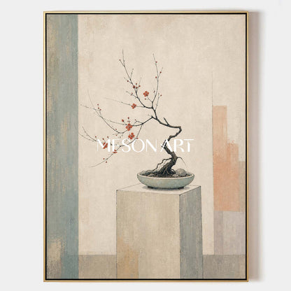 Minimalist Bonsai Painting With Geometric Background For Living Room And Office Decor