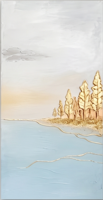Large Gold Blue Lake Forest Triptych Art Deco Painting With Metallic Accents For Living Room