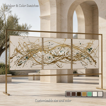 Beige And Gold Pollock Inspired Drip Painting Square Wall Art For Living Room By Mesonart