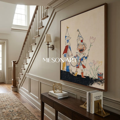 Whimsical Pop Art Painting With Cartoon Characters For Modern Living Room Decor