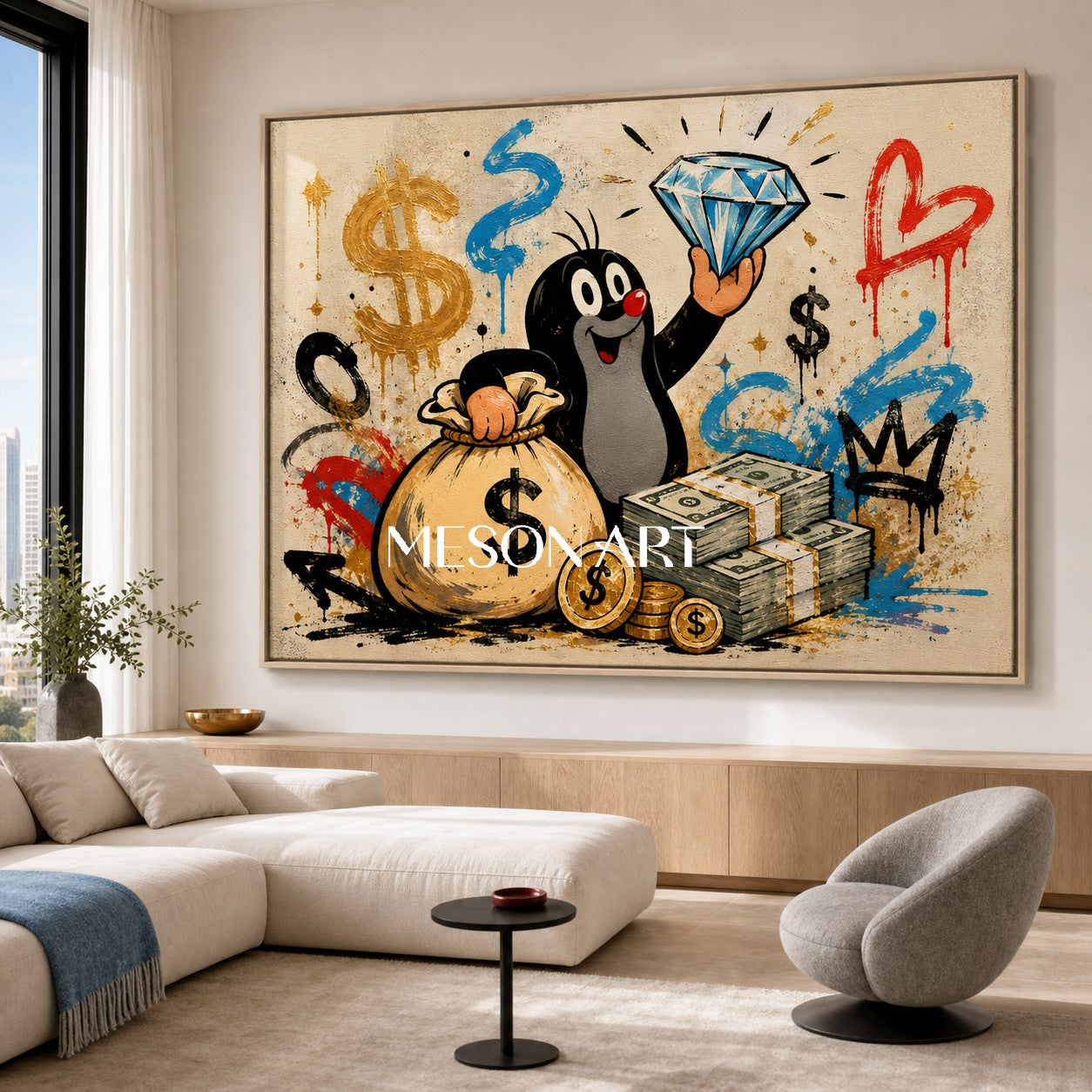 Playful Mole Graffiti Art With Dollar Signs For Modern Living Room Decor