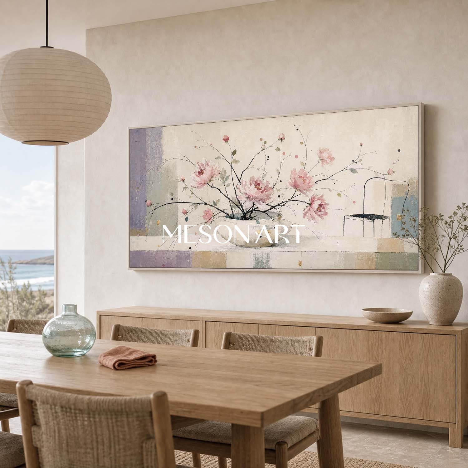 Minimalist Pink Floral Art Print For Modern Living Room Decor With Soft Beige Tones