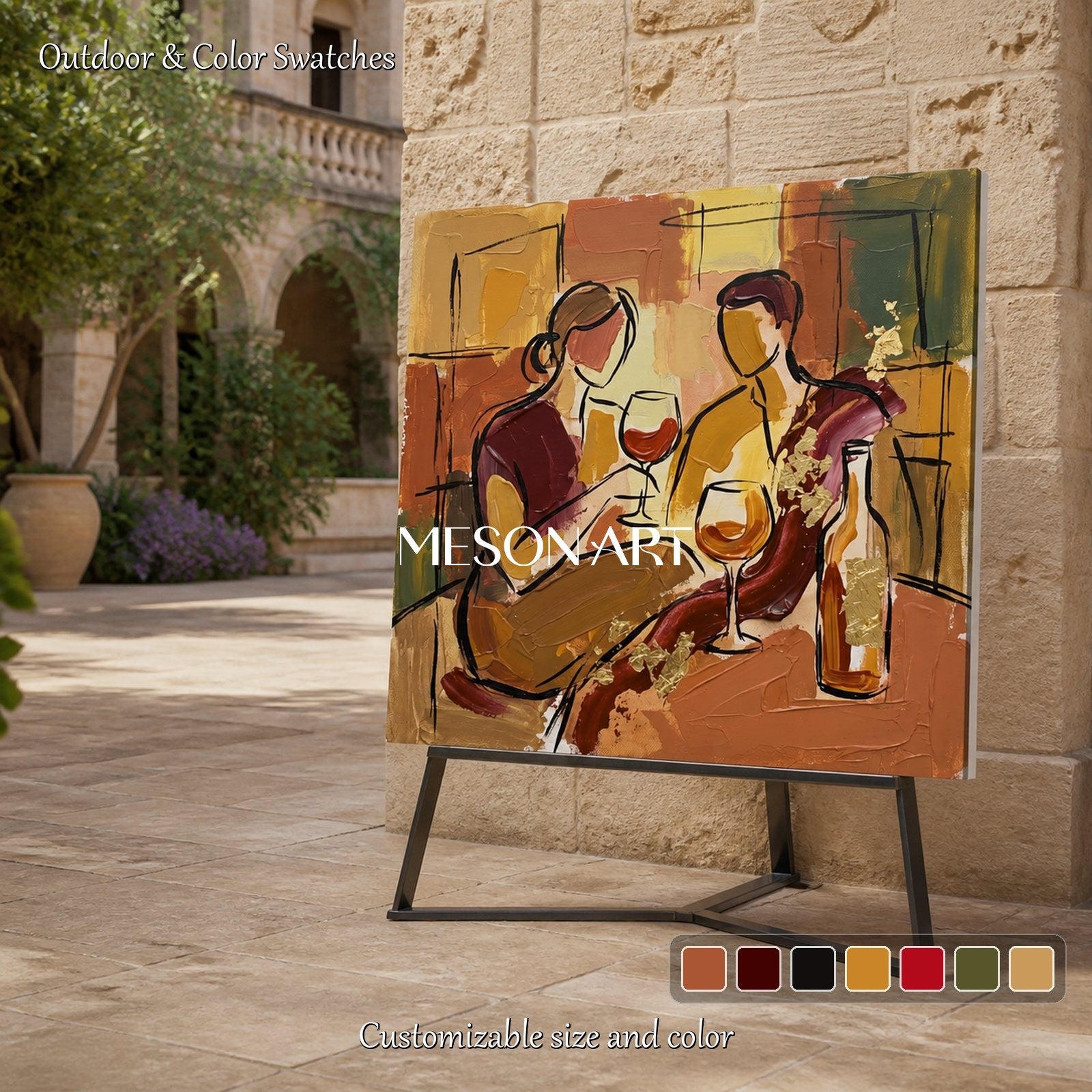 Red And Gold Wine Tasting Art Contemporary Painting Square Wall Decor For Dining Room By Mesonart