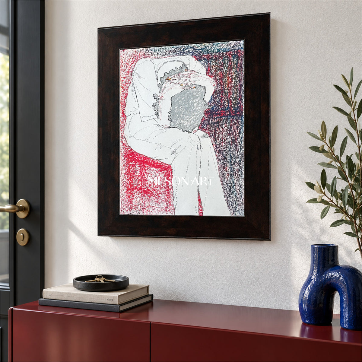 Red And White Symbolic Figurative Abstract Painting Original Artwork By Artist For Living Room Wall Decor Rectangular By Mesonart