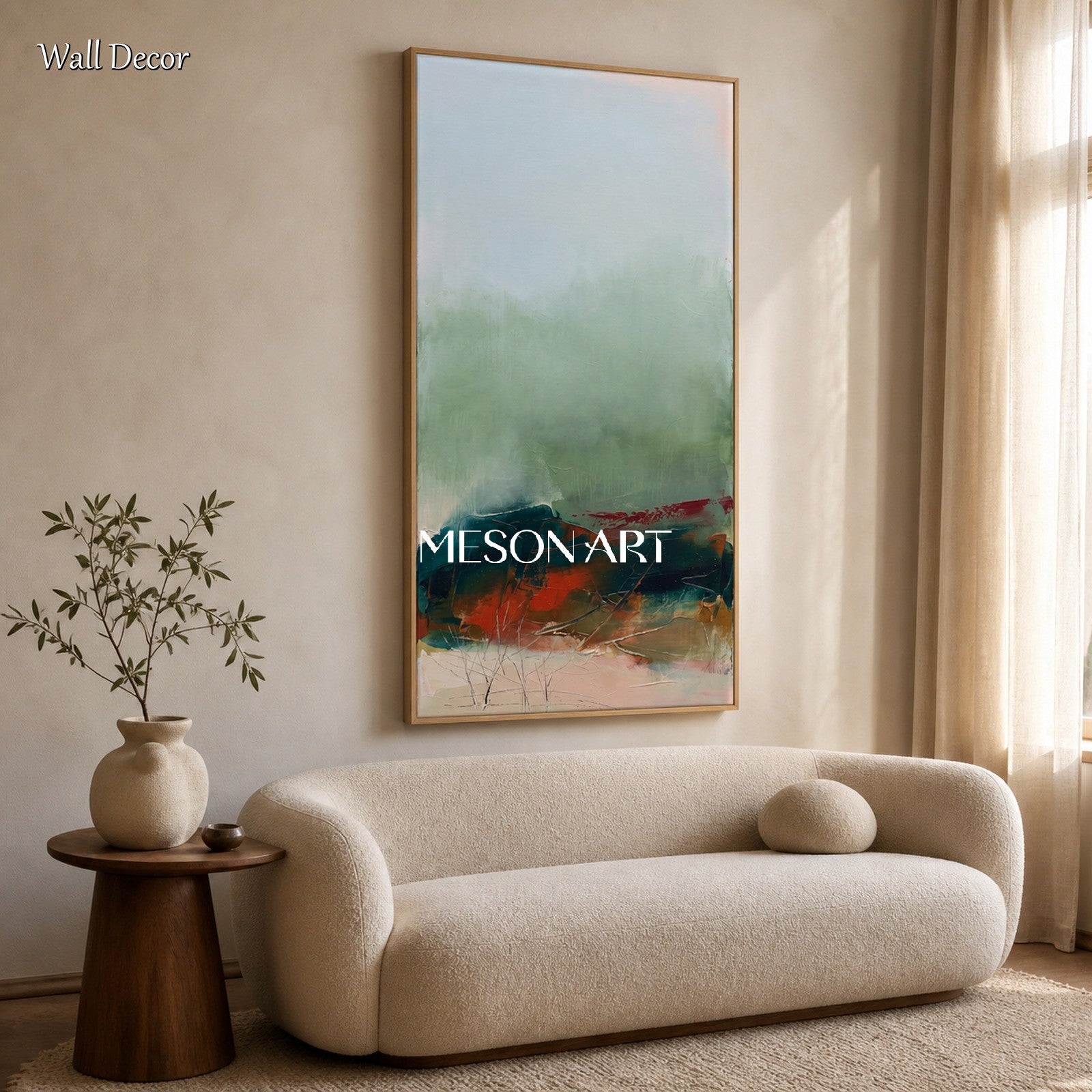 Green And Red Abstract Landscape Painting Contemporary Art Panoramic Wall Decor For Living Room By Mesonart