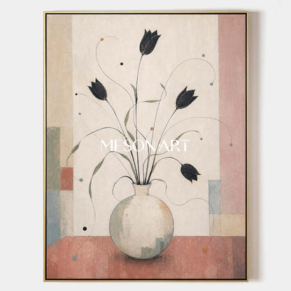 Art Deco Floral Canvas Wall Art With Soft Brushwork For Living Room And Dining Room Decor