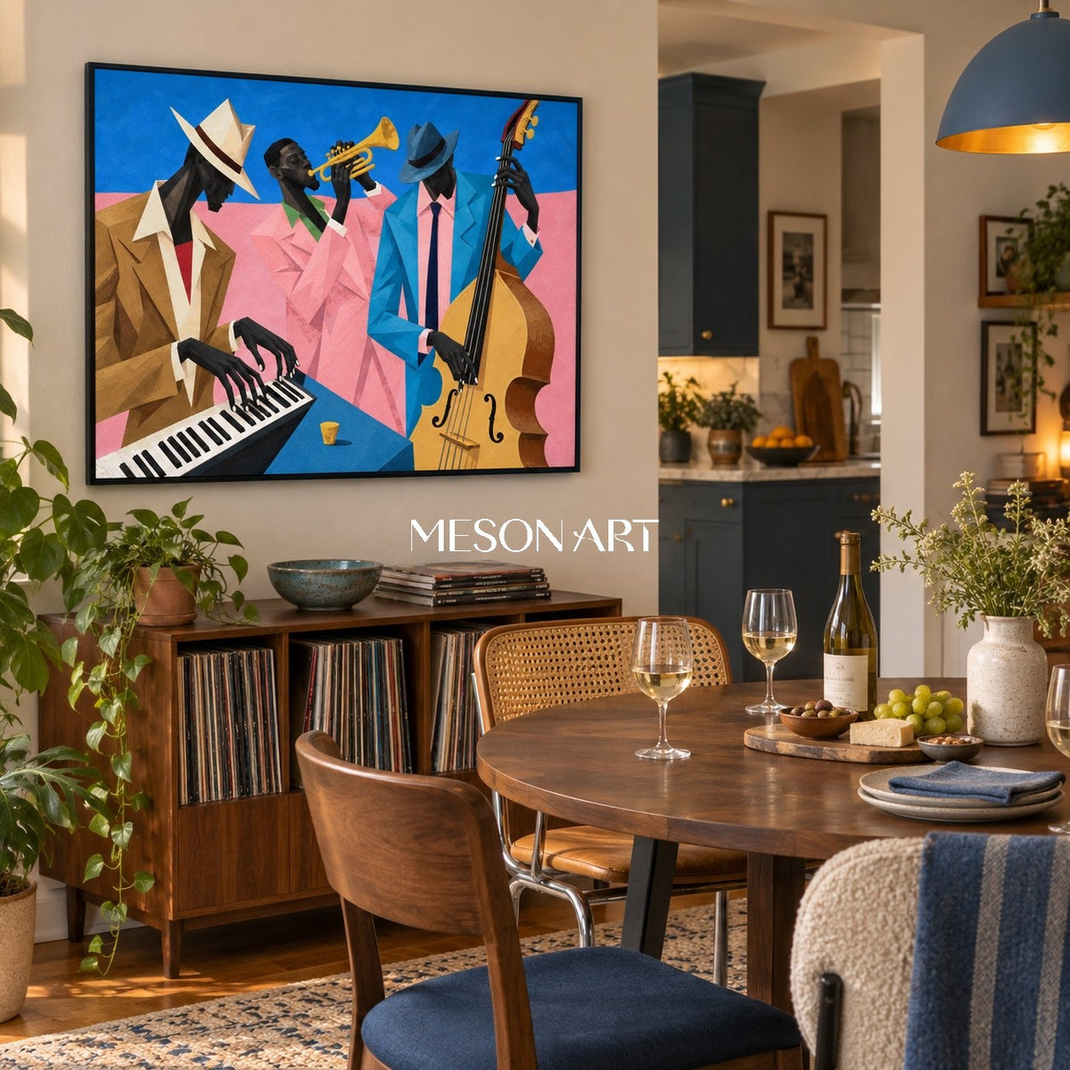 Blue And Pink Pop Art Jazz Painting Original Artist Hand Painted Musical Geometric Rectangular Wall Decor By Mesonart