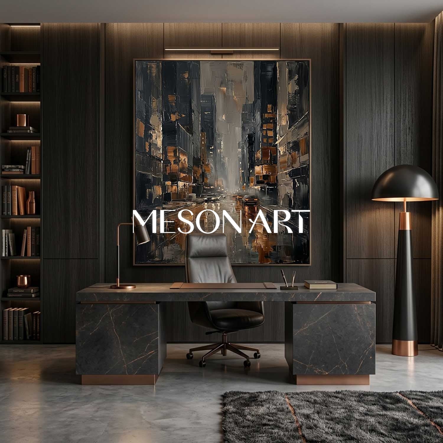 Abstract Cityscape Painting With Gold Accents For Modern Living Room And Office Decor