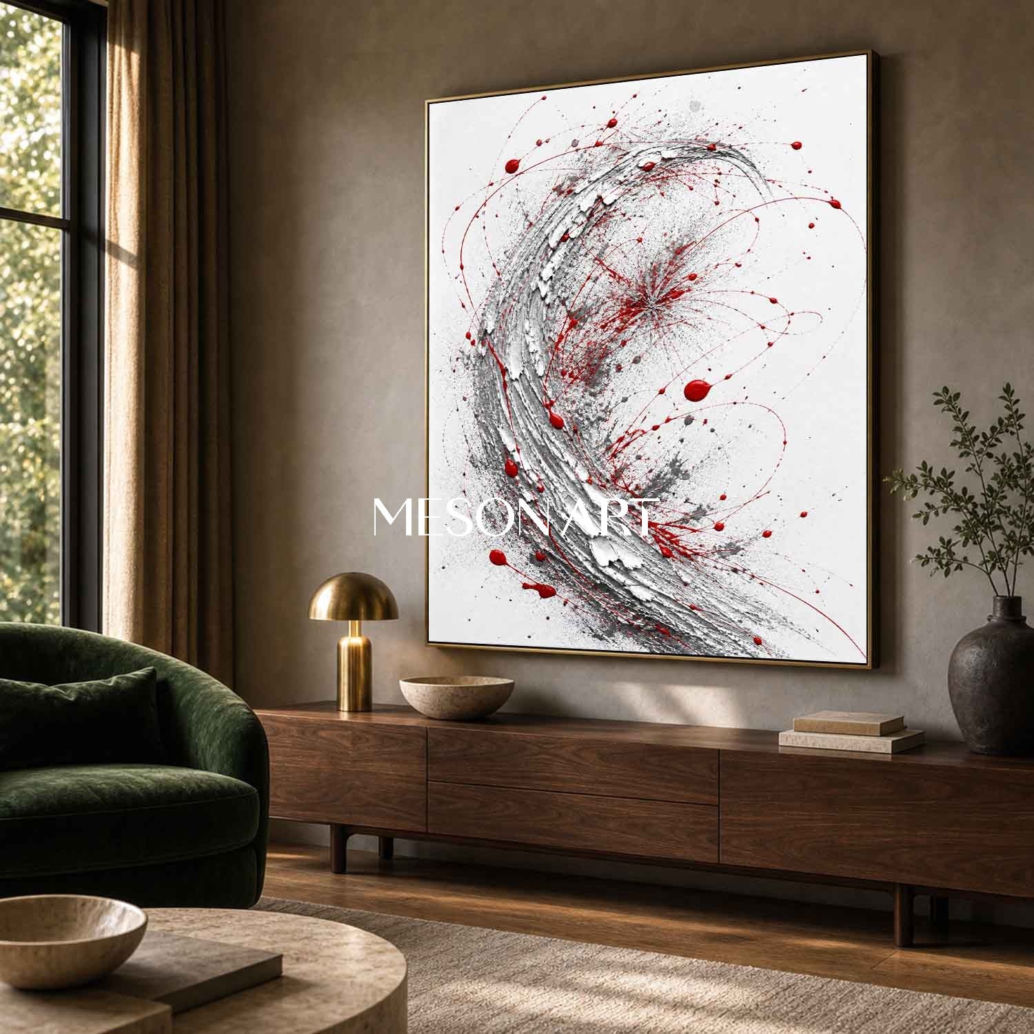 Red And White Abstract Wall Art With Textured Silver Swirl For Modern Living Room Decor