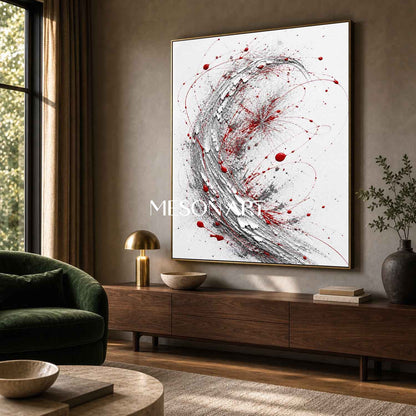 Red And White Abstract Wall Art With Textured Silver Swirl For Modern Living Room Decor