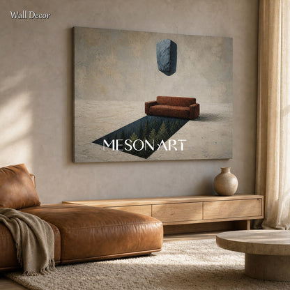 Surreal Abstract Painting With Floating Stone And Forest Void For Industrial Loft Living Room Decor