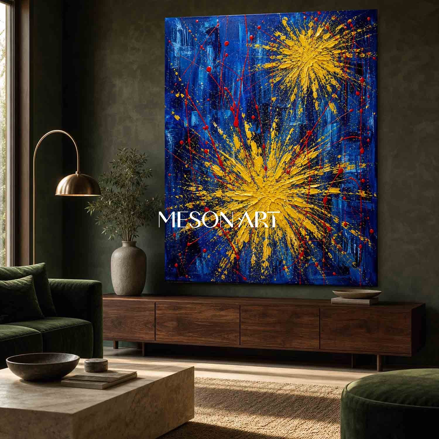 Blue And Gold Abstract Painting With Textured Relief For Modern Living Room Decor