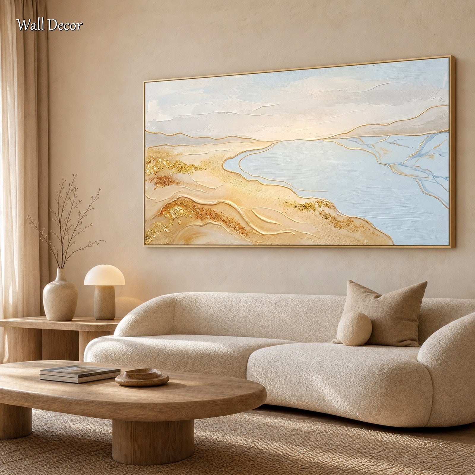 Grande quadro astratto con foglia d'oro raffigurante la spiaggia, con sabbia e mare – Decorazione da parete per il soggiorno