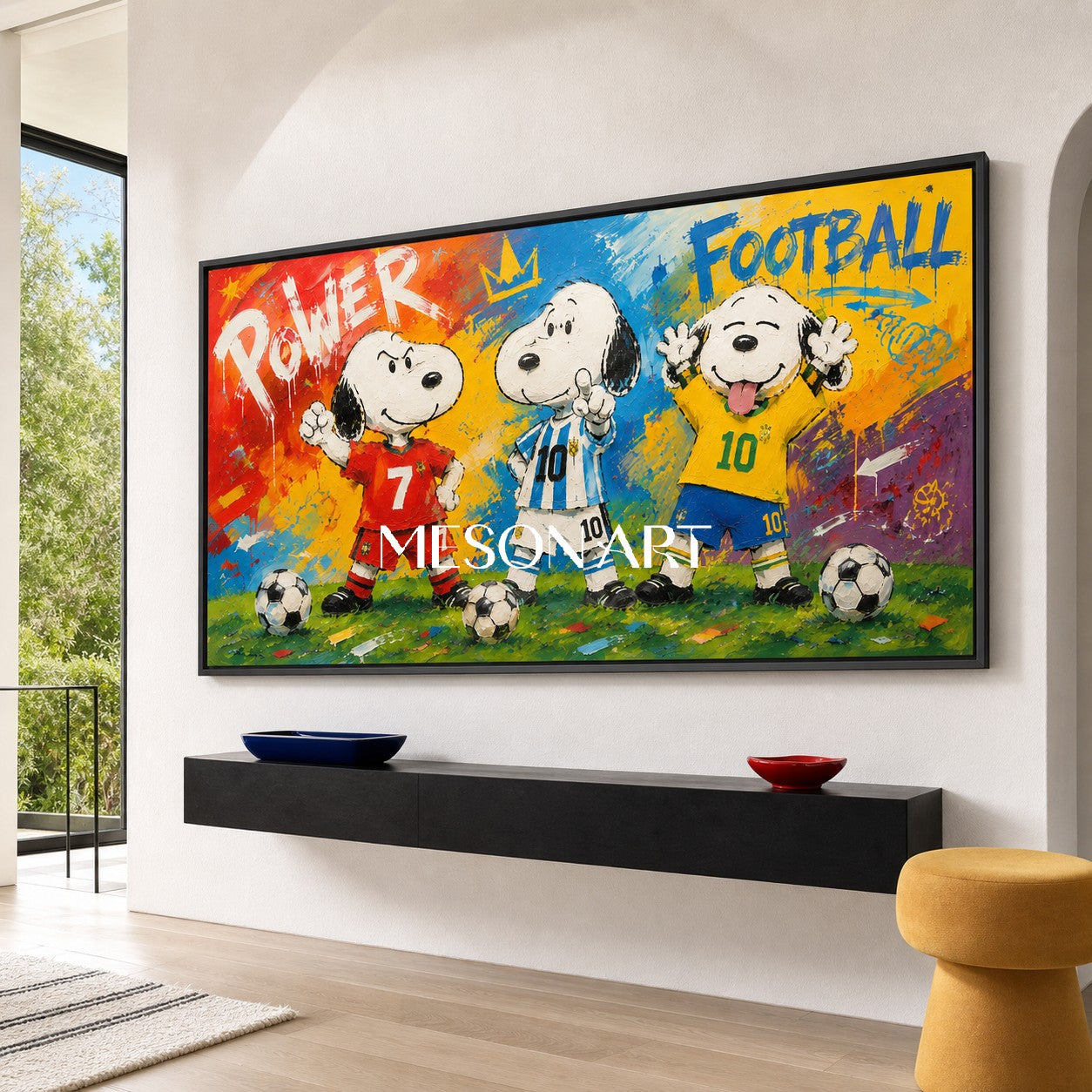 Vibrant Graffiti Football Art With Cartoon Dogs For Modern Living Room