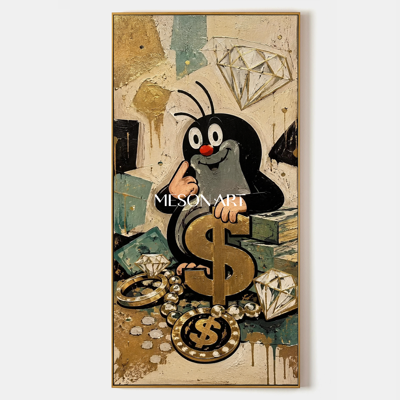 Cartoon Mole Graffiti Art With Gold Dollar Signs For Modern Living Room Decor