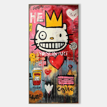 Custom Modern Abstract Crown Cat Impasto Canvas Graffiti Art Entryway