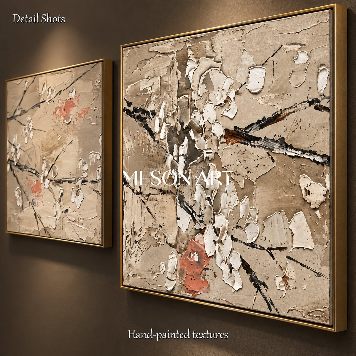 Beige And White Sakura Floral Art Square Wall Decor Original Artist Hand Painted By Mesonart