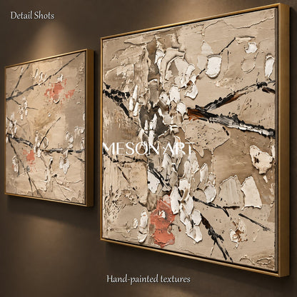 Beige And White Sakura Floral Art Square Wall Decor Original Artist Hand Painted By Mesonart