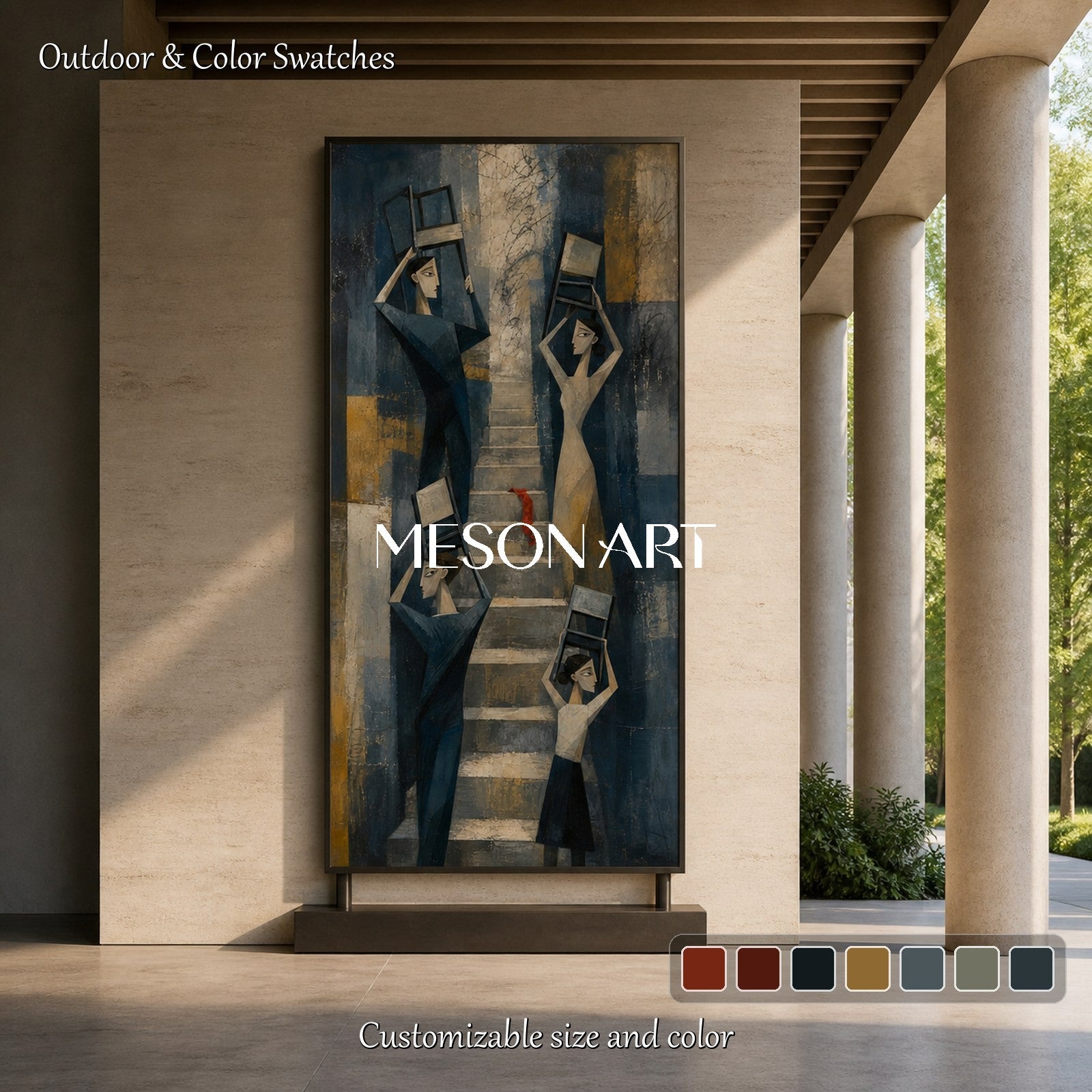 Blue And Gold Cubist Abstract Geometric Modern Figures Stairs Chairs Panoramic Textured Canvas Original Artist Hand Painted By Mesonart