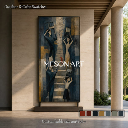 Blue And Gold Cubist Abstract Geometric Modern Figures Stairs Chairs Panoramic Textured Canvas Original Artist Hand Painted By Mesonart