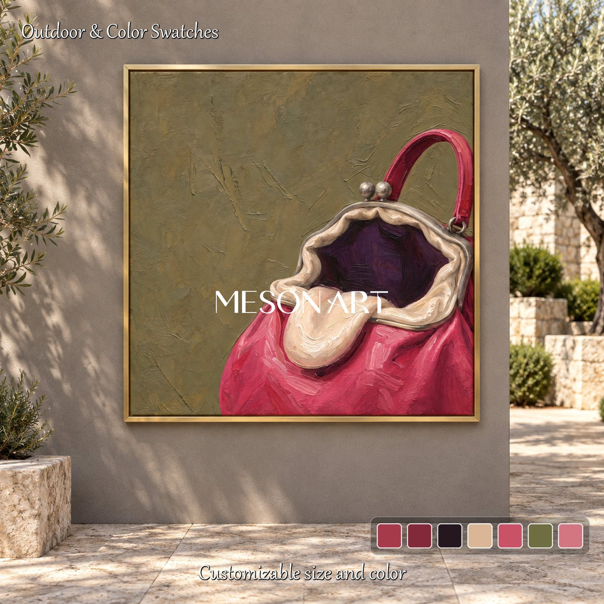 Pink And Green Surrealist Bag Painting Square Wall Art Original Artist Hand Painted By Mesonart
