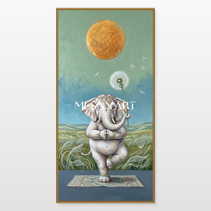 Green And Gold Surrealist Painting Yoga Elephant Original Artist Panoramic Wall Art For Living Room By Mesonart