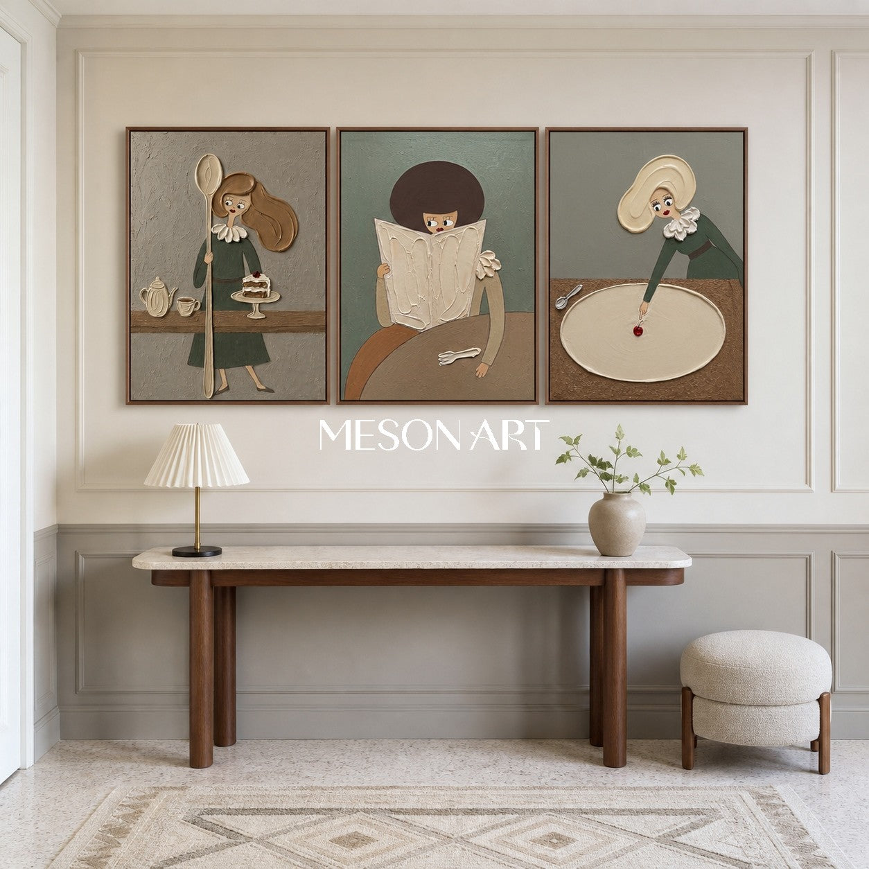 Dipinto figurativo in stile Pop Art con personaggi dei cartoni animati e texture in gesso, ideale per l'arredamento di una sala da pranzo moderna