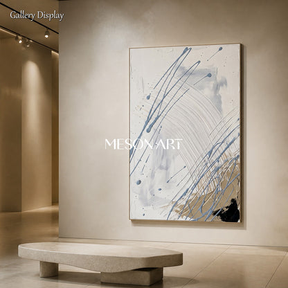 White And Gray Jackson Pollock Inspired Abstract Expressionism Rectangular Painting Wall Art For Living Room By Mesonart