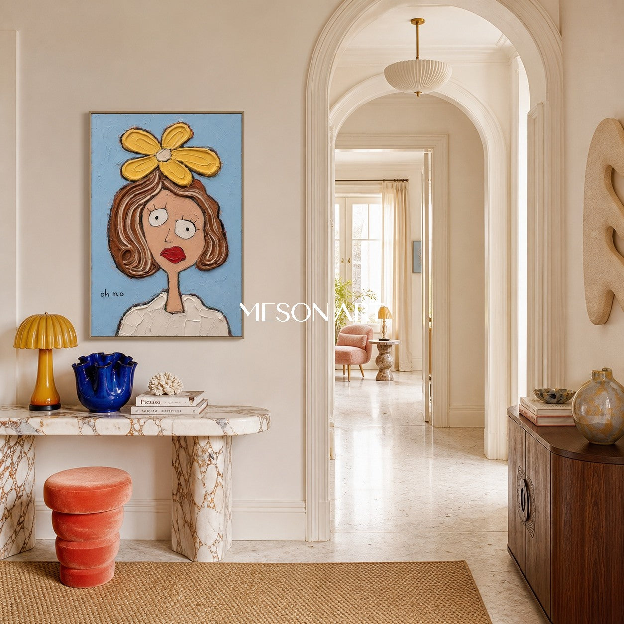 Pop Art Cartoon Portrait With Yellow Flower And Blue Background For Modern Living Room Decor