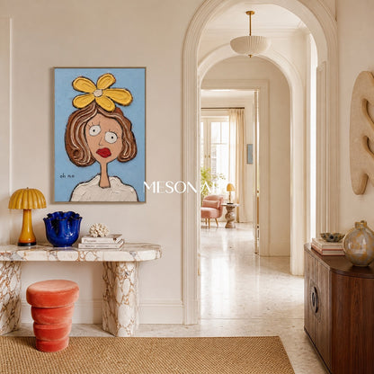 Pop Art Cartoon Portrait With Yellow Flower And Blue Background For Modern Living Room Decor