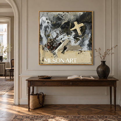Black And Gold Painting Abstract Modern Textured Mixed Media Original Artist Square Wall Art For Living Room By Mesonart