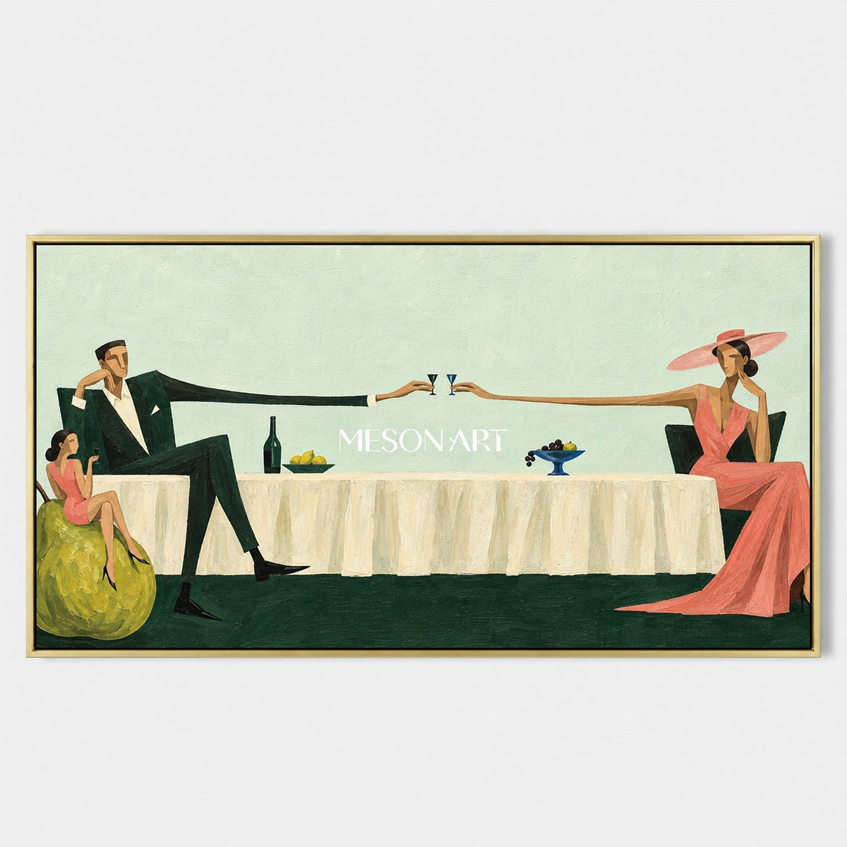 Green And Pink Figurative Modern Minimalist Panoramic People Wine Art By Mesonart