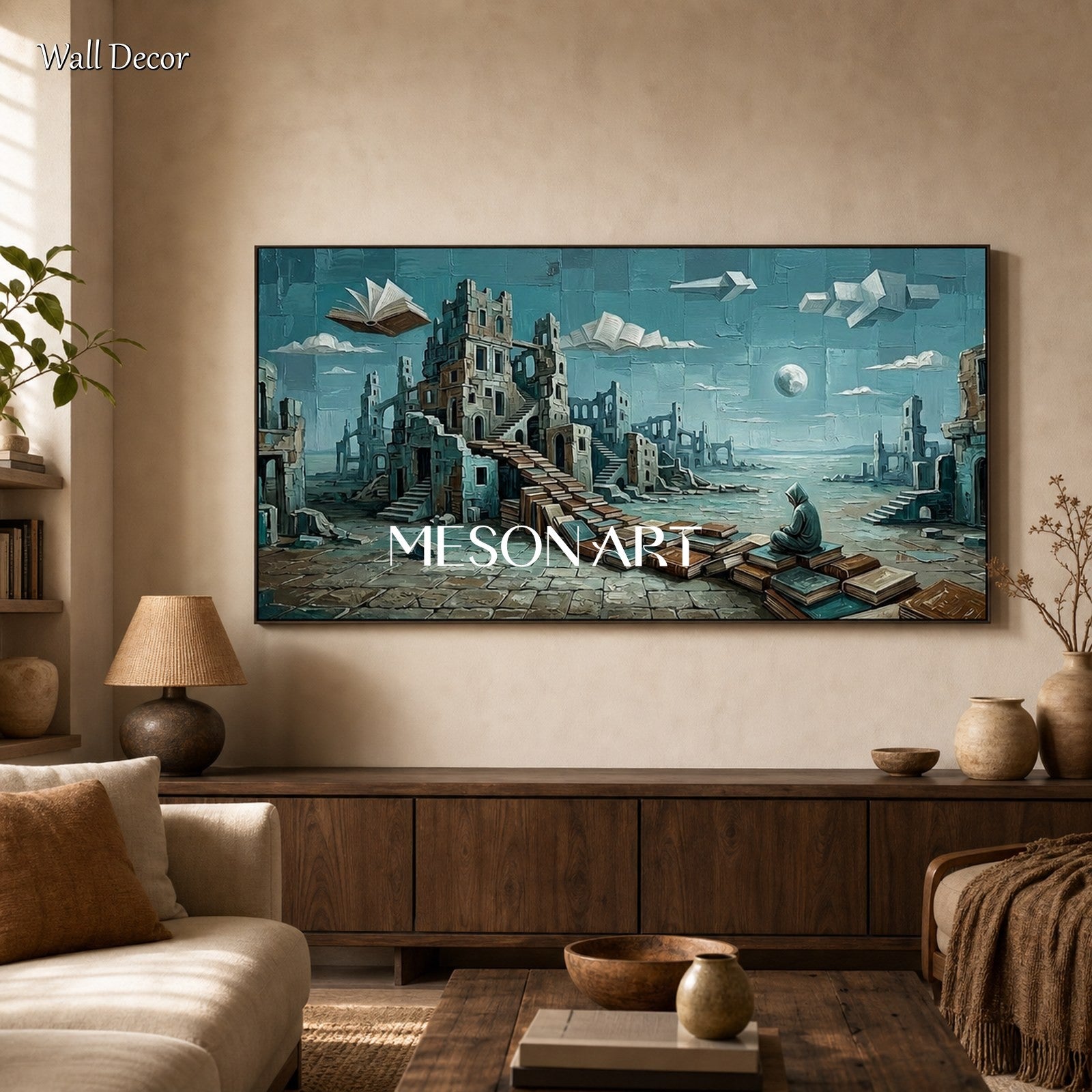 Large Surreal Painting Of Ancient Ruins And Floating Books For Home Office Decor